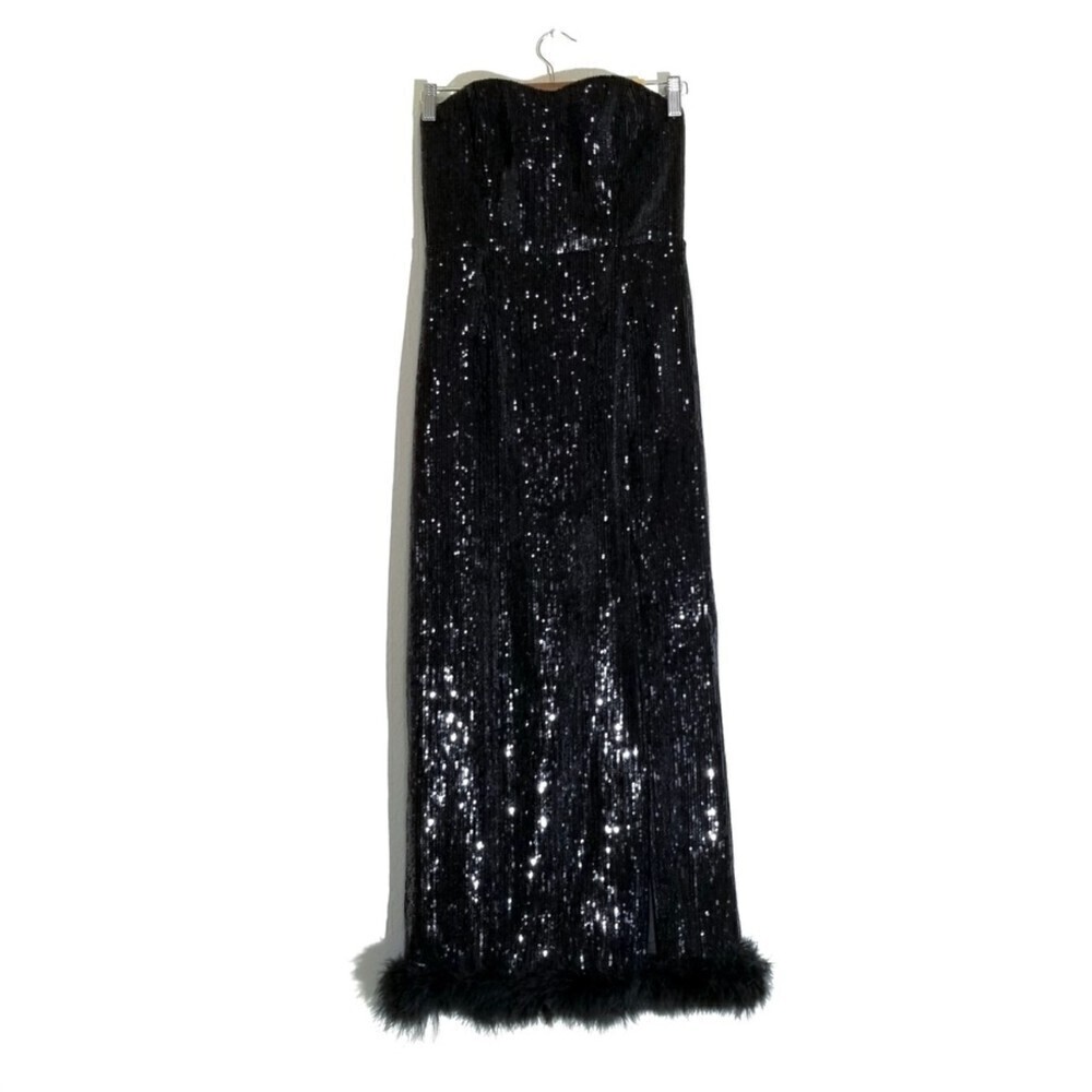 NEW NBD Kalindi Midi Dress Black Sequin & Feather Trim Strapless 90s Glam Small